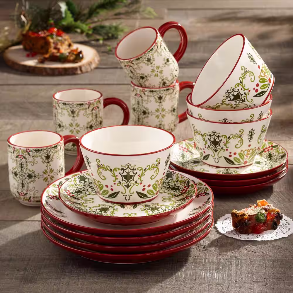 American Atelier Bargello 16-Piece Holiday Multi Earthenware Dinnerware Set (Service for 4)