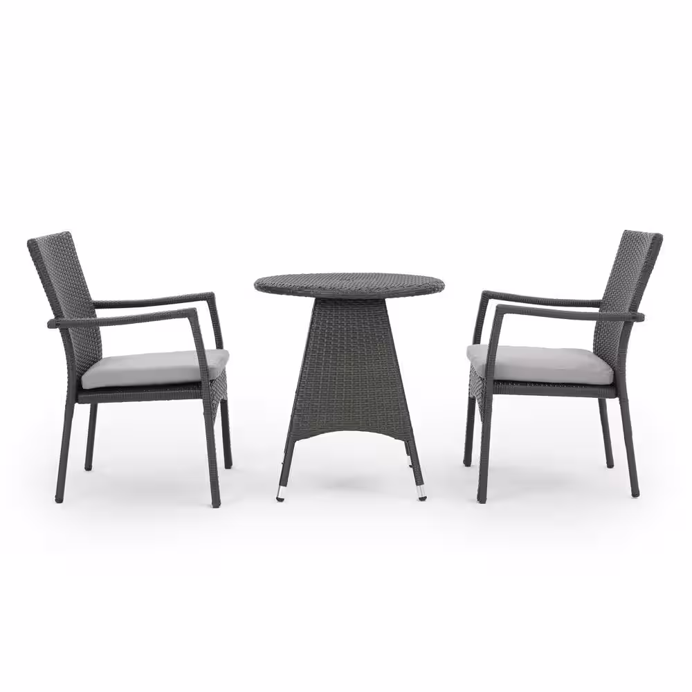 Noble House Gray 3-Piece Faux Rattan Round Outdoor Dining Set with Gray Cushion