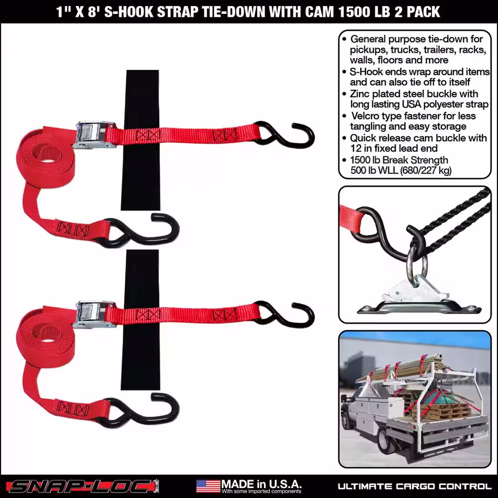 SNAP-LOC 8 ft. x 1 in. S-Hook Cam Strap with Hook and Loop Storage Fastener in Red (2-Pack)