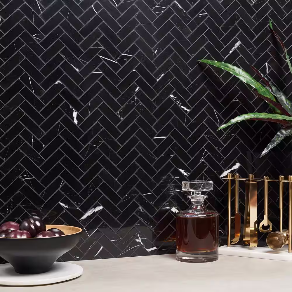 Ivy Hill Tile Blackout Nero Marquina 11.92 in. x 12.79 in. Herringbone Polished Marble Floor and Wall Mosaic Tile (1.06 sq. ft./Each)