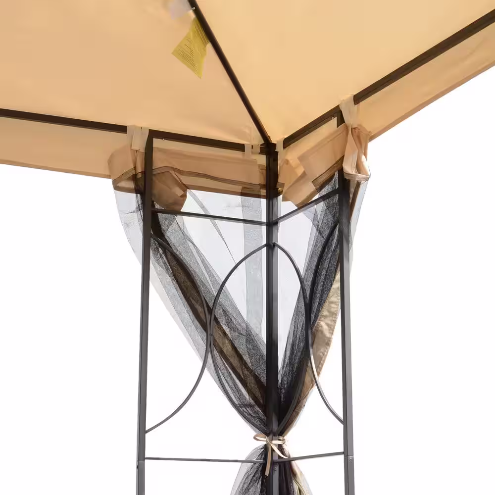 Outsunny 10 ft. x 10 ft. x 9 ft. Steel Frame Outdoor Gazebo with Mosquito Netting and Weather-Resistant Canopy Top, Sand