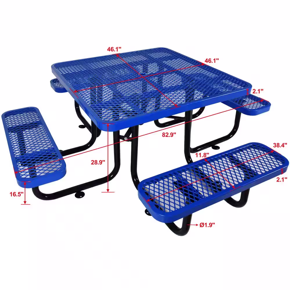 None 46 in. Blue Square Outdoor Steel Picnic Table with Umbrella Pole