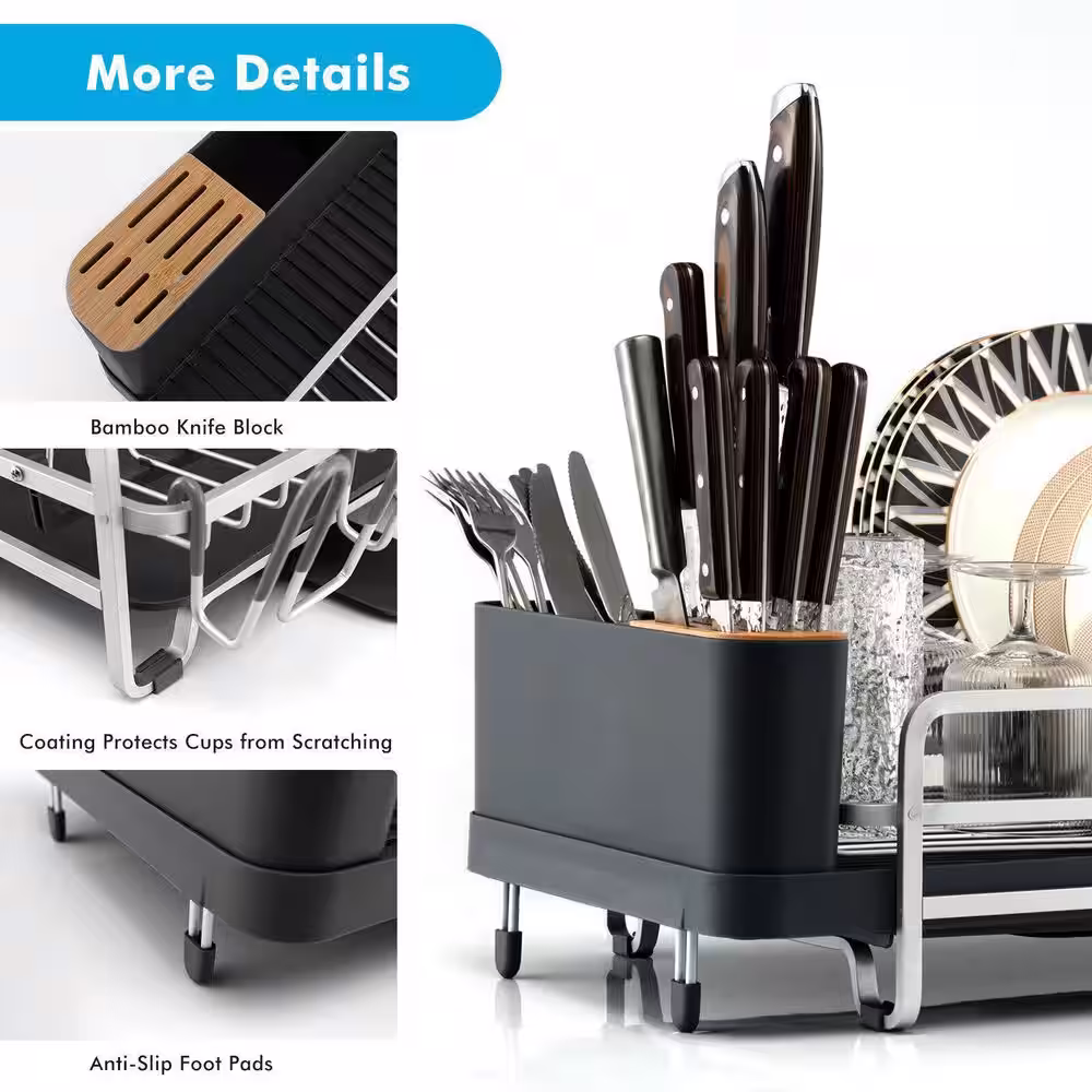 ANGELES HOME Dark gray Aluminum Expandable Dish Rack with Drainboard and Rotatable Drainage Spout