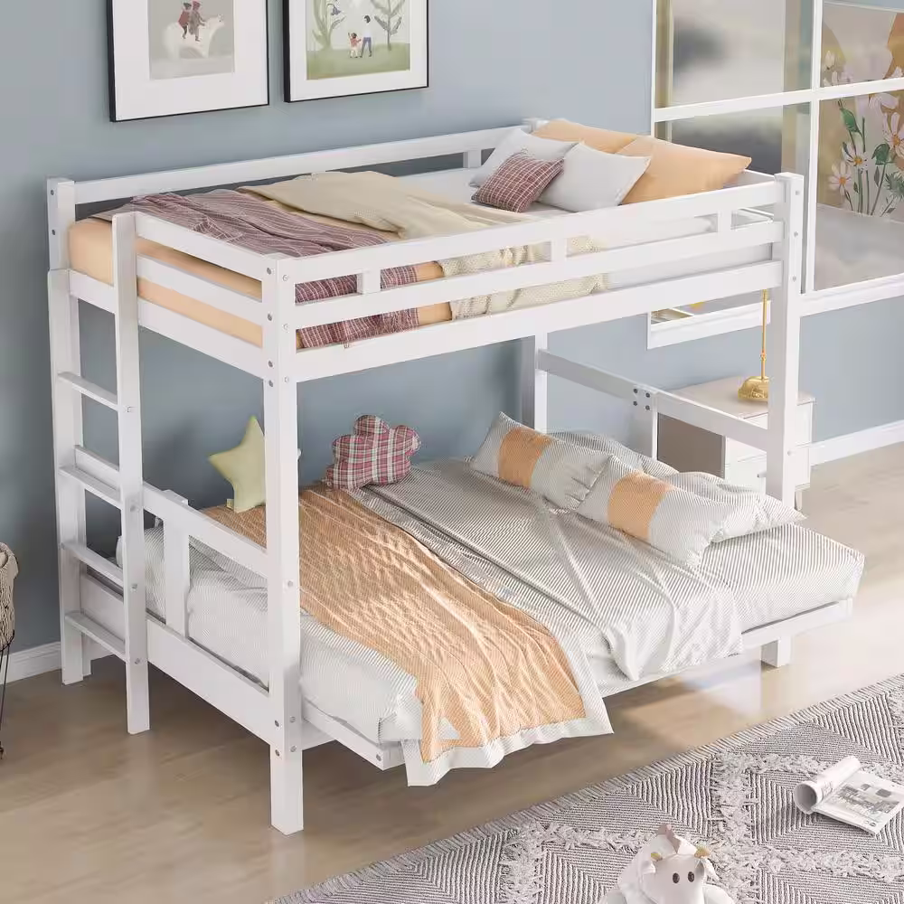 ANBAZAR Twin over Full Bunk Bed/Twin over Futon, Convertible to 2 Beds, Wood Bunk Bed with Safety Guardrail and Ladde(White)