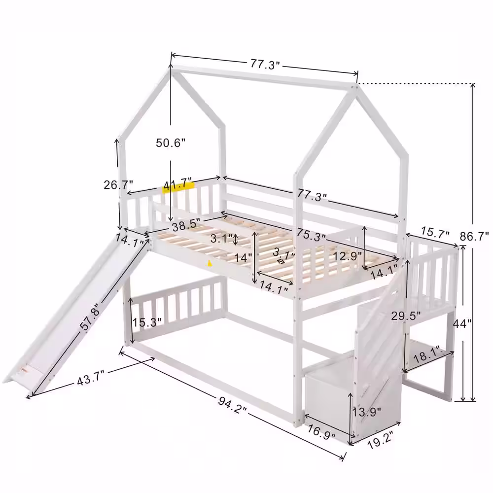 Harper & Bright Designs White Twin Over Twin Wood House Bunk Bed with Convertible Slide and Storage Staircase