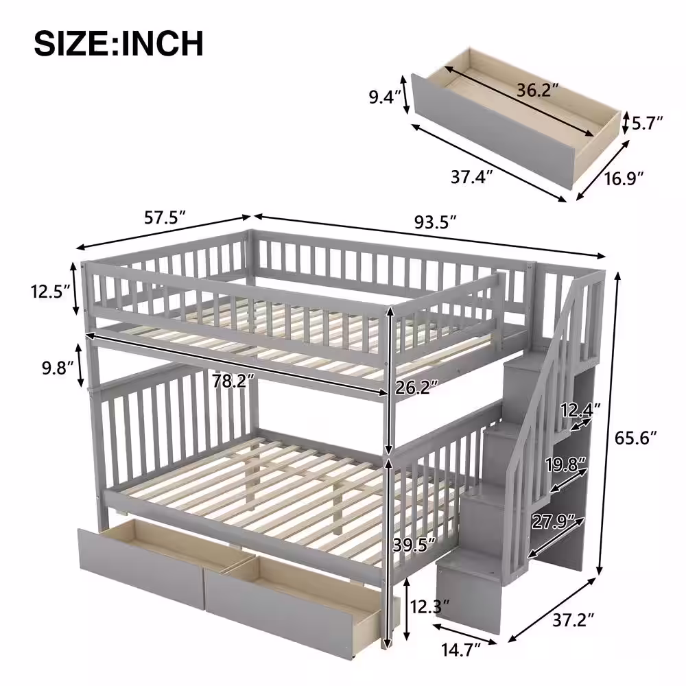 Harper & Bright Designs Classic Gray Full over Full Bunk Bed with 2 Drawers and Storage Staircase
