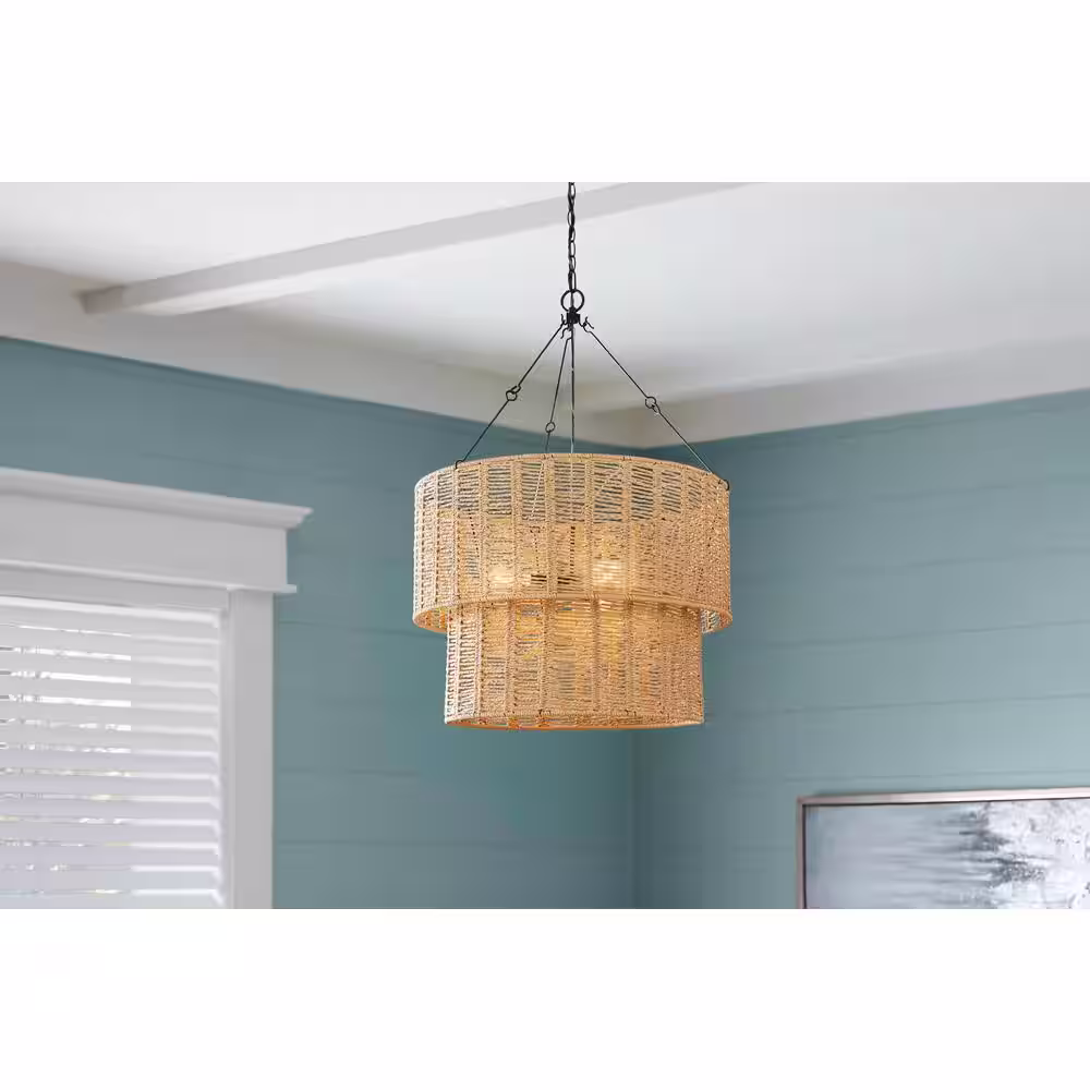Hampton Bay Hailee 3-Light Basket Hanging Pendant Black Natural Weave Shade