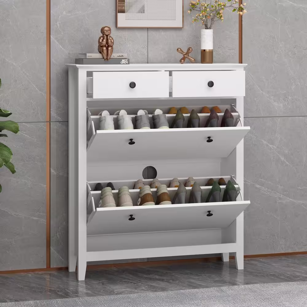 None White Wooden Shoe Storage Bench, Slight Luxury and Fashion Shoes Cabinet, 41.1 in. H x 35 in. W x 10 in. D