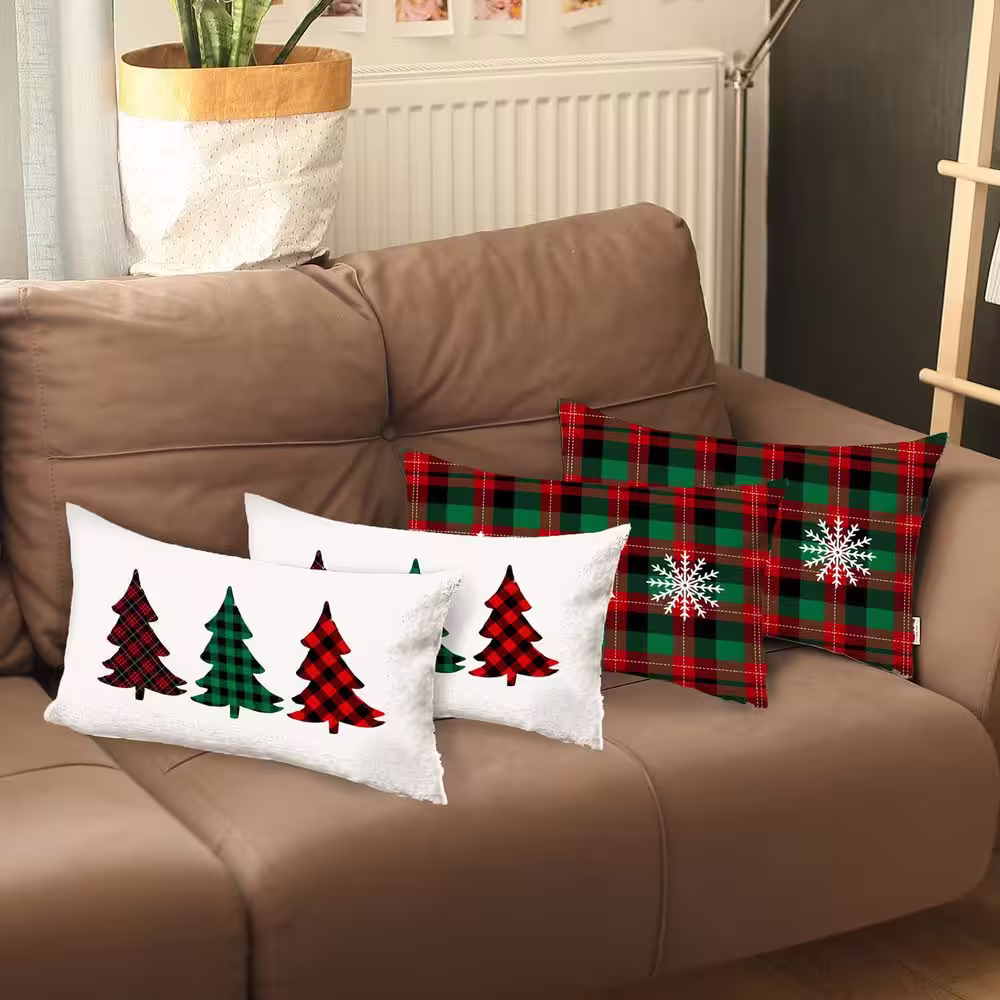 MIKE & Co. NEW YORK Decorative Christmas Tree & Plaid Throw Pillow Cover Lumbar 12 in. x 20 in. White & Red & Green for Couch Set of 4