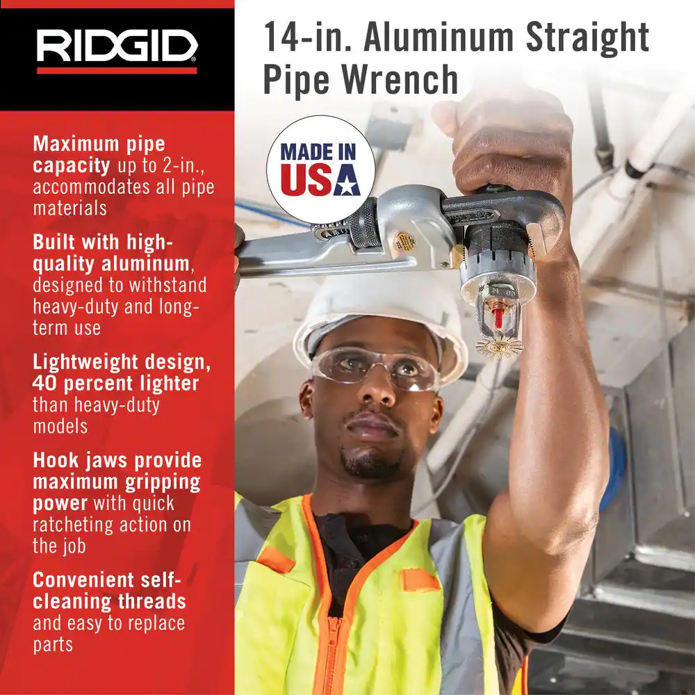 RIDGID 14 in. Aluminum Straight Pipe Wrench for Plumbing, Sturdy Plumbing Pipe Tool with Self Cleaning Threads and Hook Jaws