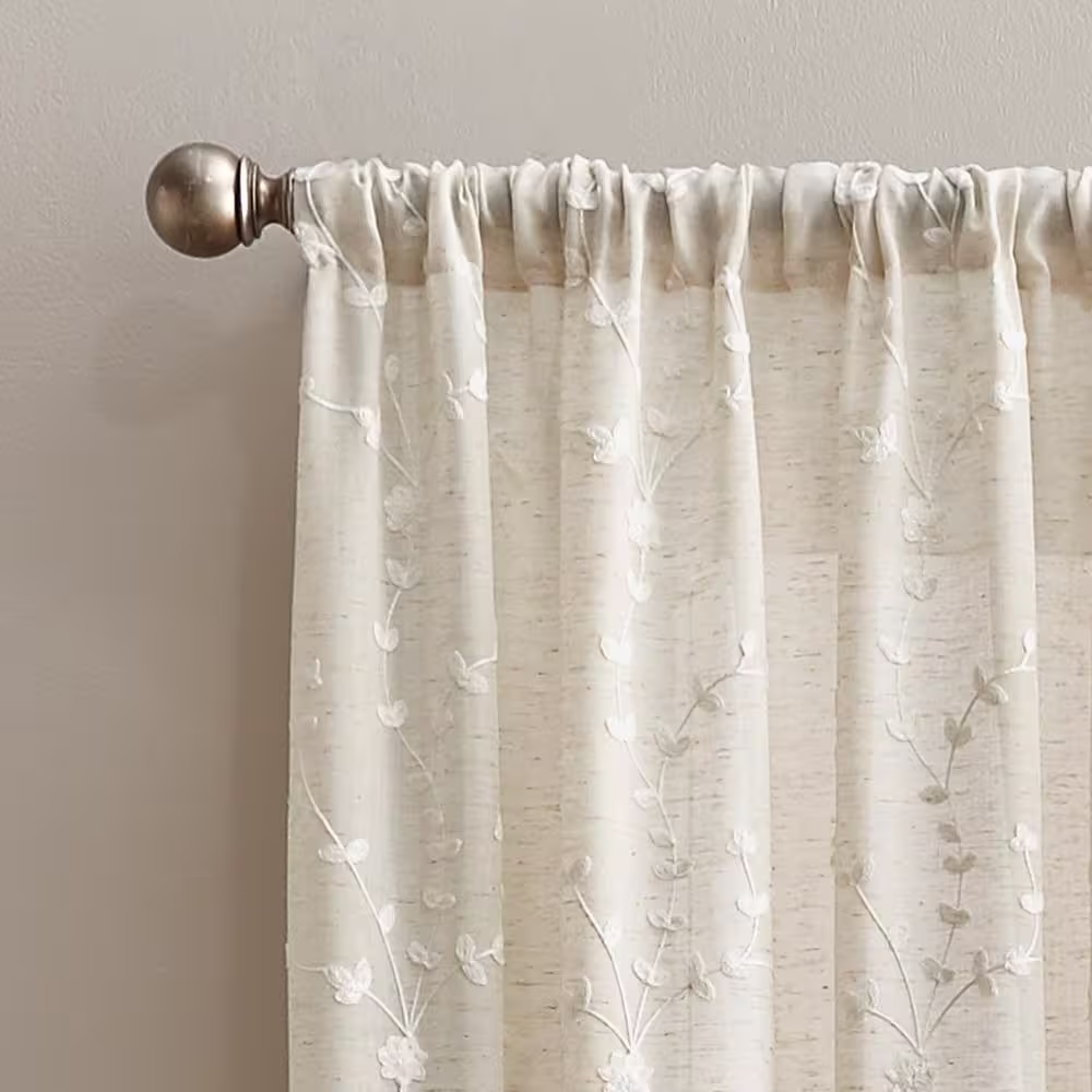 None Linen Floral Embroidered Rod Pocket Sheer Curtain - 50 in. W x 95 in. L