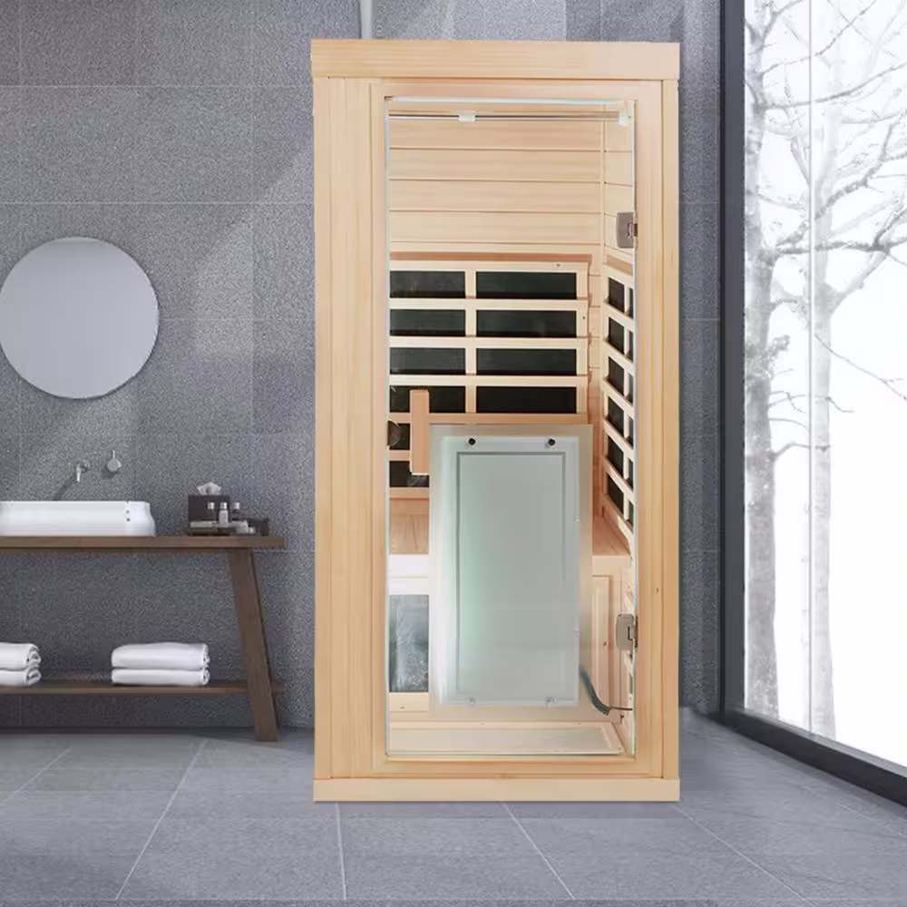 None Single-Person Indoor FAR Infrared Sauna in Hemlock with 8 Heating Plates, LCD Display, Bluetooth Speaker
