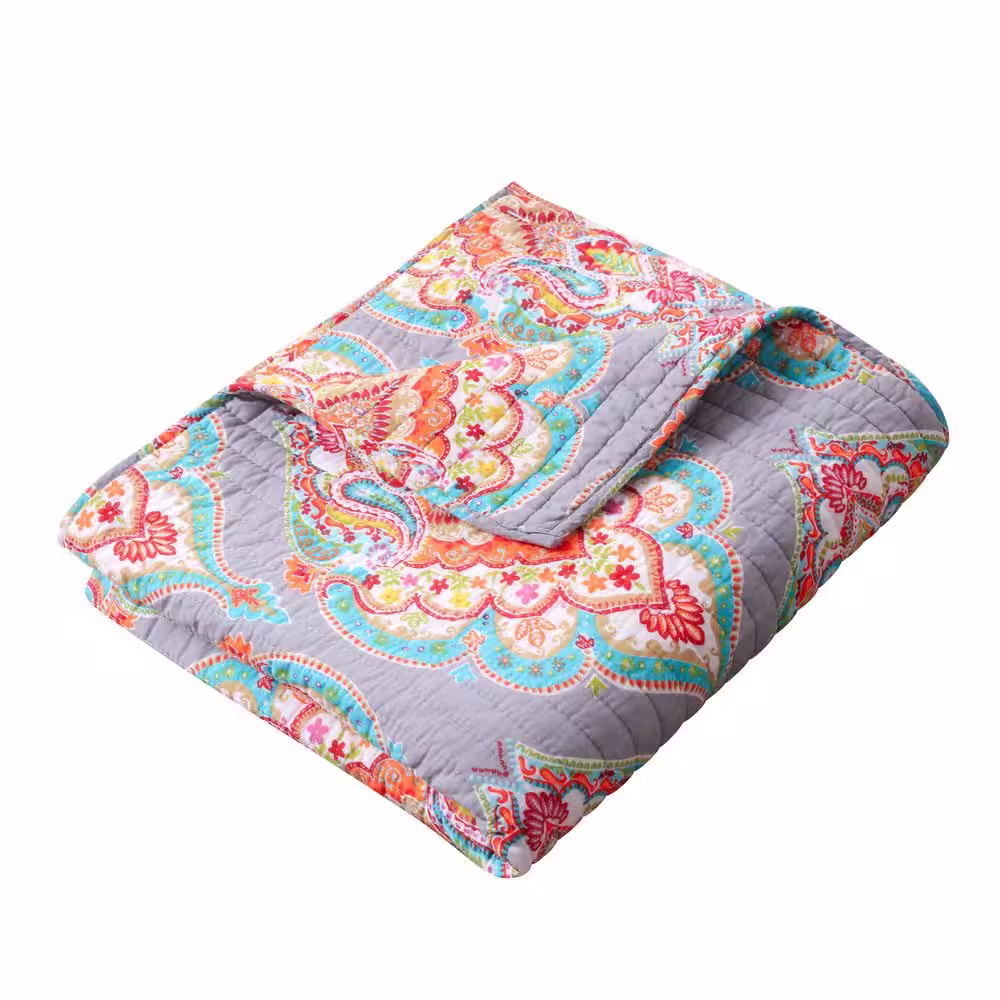 None Marielle Grey - Multi-Color Bohemian Quilted Cotton Throw Blanket