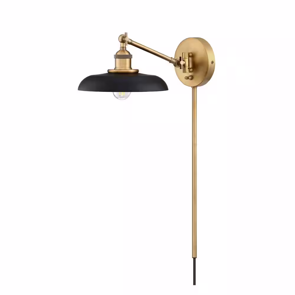 Nathan James Theodore 9 in. W 1-Light Vintaged Brass/Matte Black Industrial Wall Mounted Plugin Lamp Wall Sconce with Wide Bell Shade