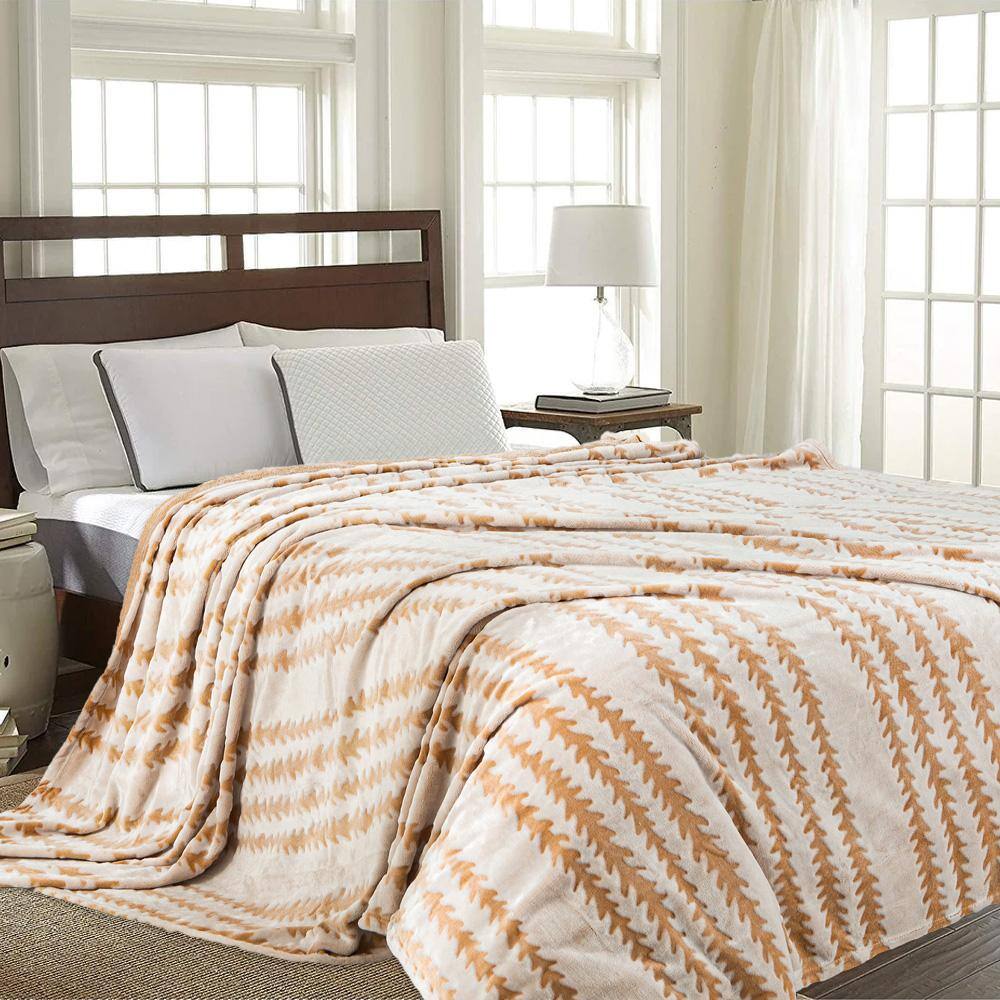 cadeninc Light Brown Stripe Throw Blanket with Back Printing Shaved Flannel Plush 60 in. x 80 in.Queen (2 Pack Set of 2)