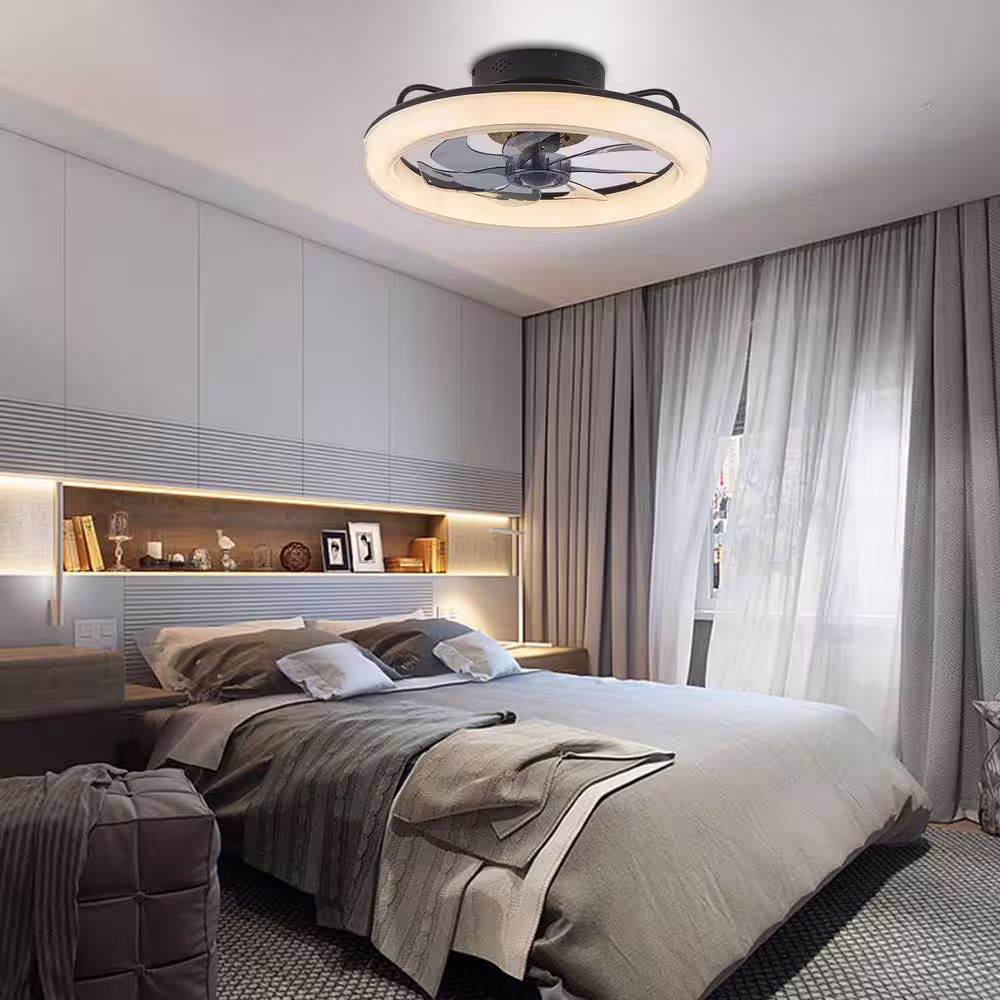 None 19.6 in. LED Indoor Black Low Profile Ceiling Fan with Light Dimmable Reversible Blades for Living Room