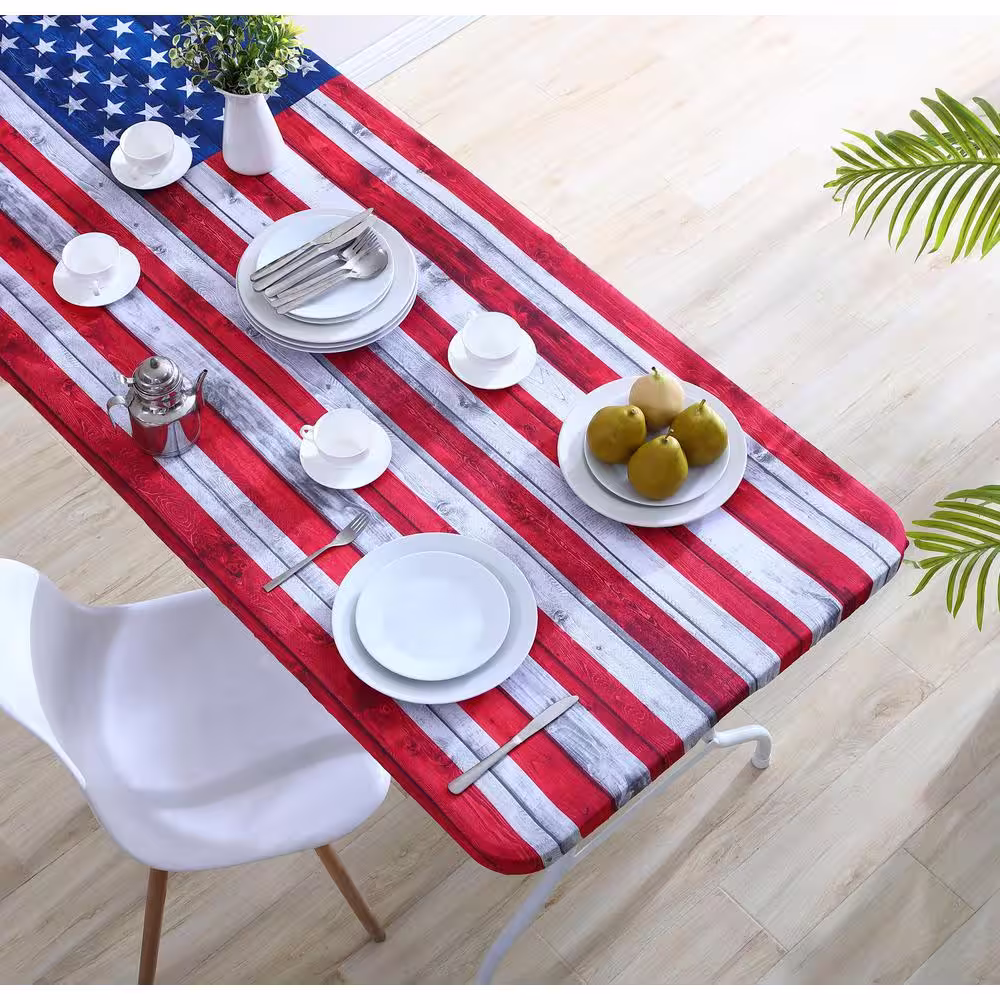 None 30 in. x 72 in. Cotton Fabric Fitted Table Cover, Red White and Blue Flag
