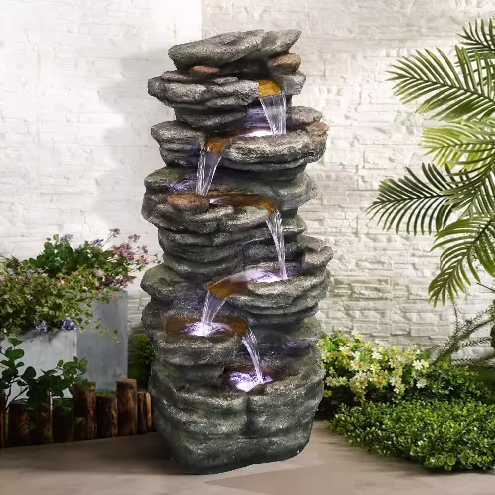 Watnature 40 in. Resin Rockery Outdoor Relaxing Water Fountain, 6-Tier LED Outdoor Waterfall Fountain for Home, Office, Garden