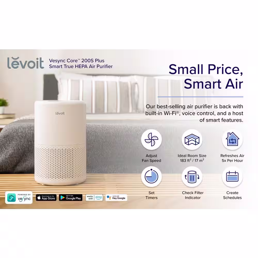 LEVOIT White PlasmaPro Smart True HEPA Smart Air Purifier, 178 sq. ft.