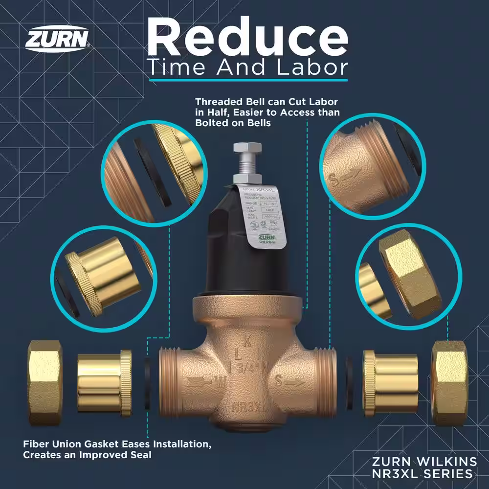 Wilkins 3/4 in. NR3XL Pressure Reducing Valve with Double Union Male Barbed Expansion F1960 PEX Tailpiece Connection Lead Free