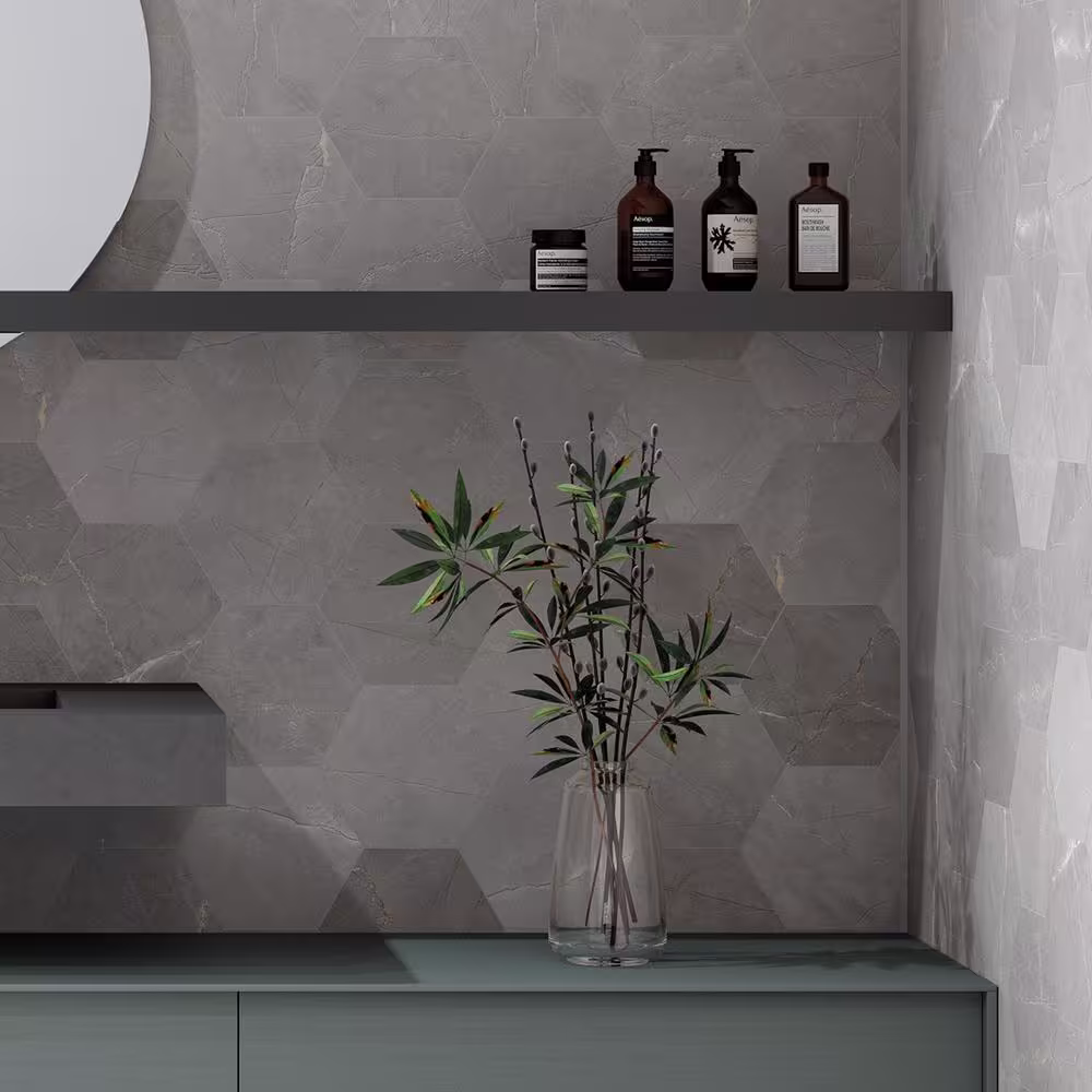 None Elegance Dark Gray Hexagon 7.7 in. x 8.9 in. Matte Porcelain Marble look Floor and Wall Tile (9.05 sq. ft./Case)