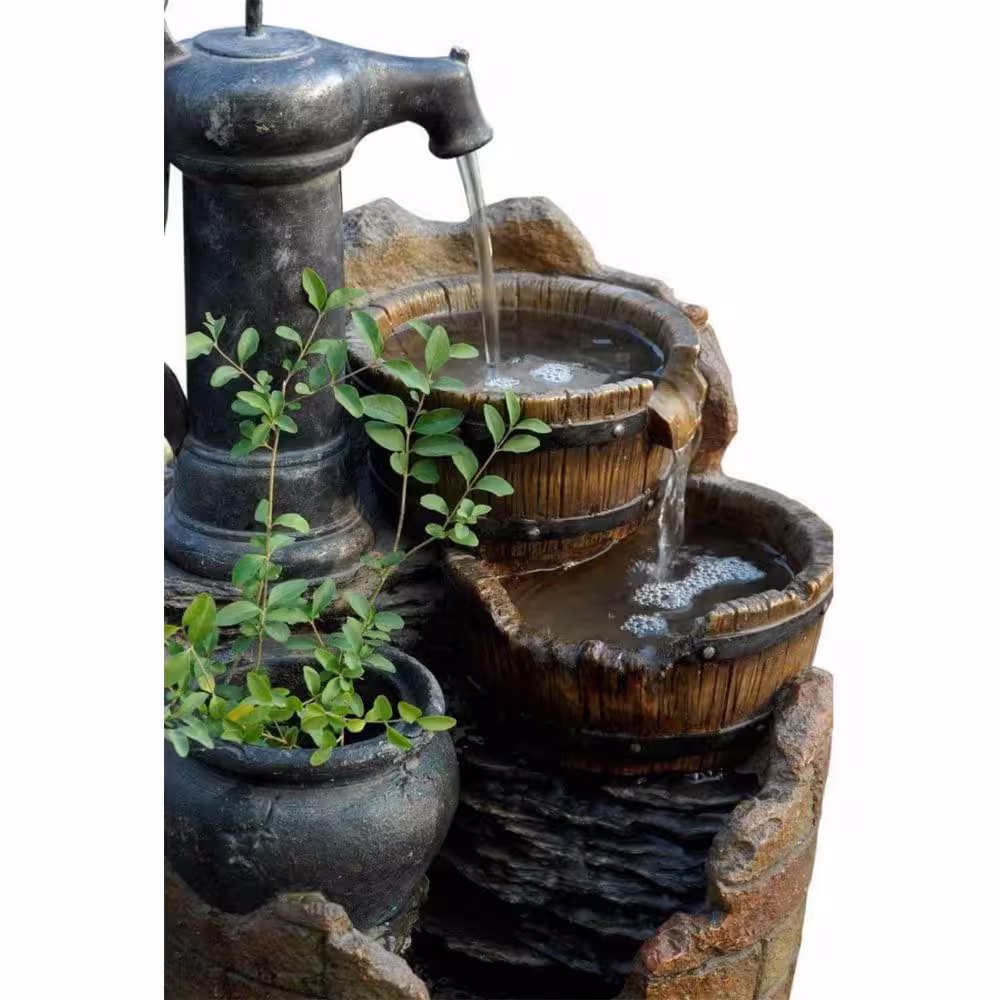 None 31 in. Outdoor Simulation Brick Block and Wood Pump-Level Fountain, Brown/Black