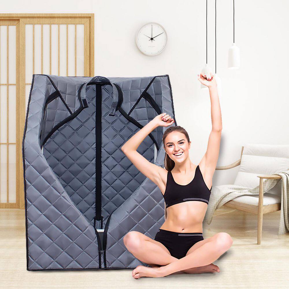 FUNKOL 1-Person Sauna with Steam Generator with 2L and 1000-Watt, Folding Chair and Remote Control in Gray