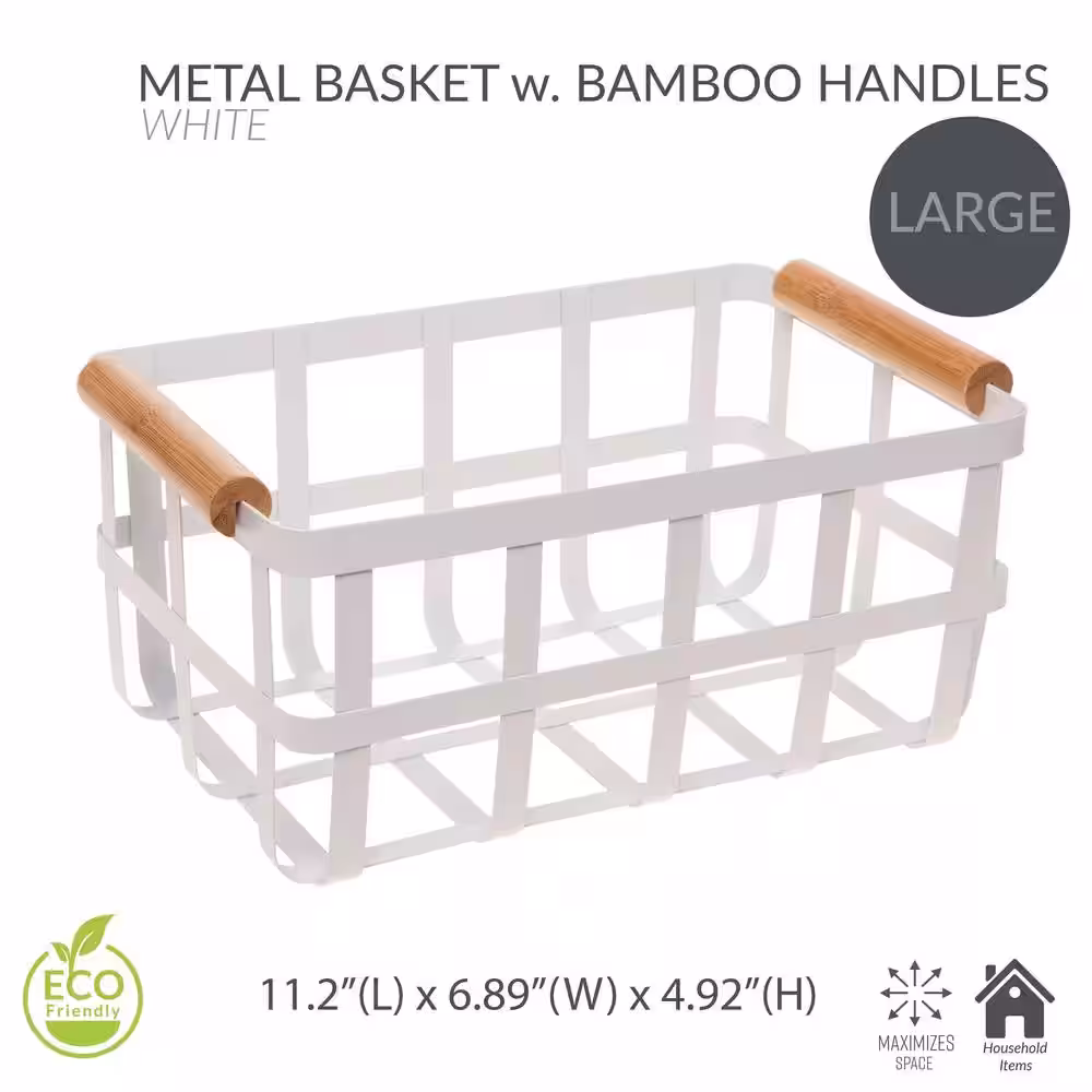 SIMPLIFY Metal Basket 4.92 in. H x 6.89 in. W with Bamboo Handles in White