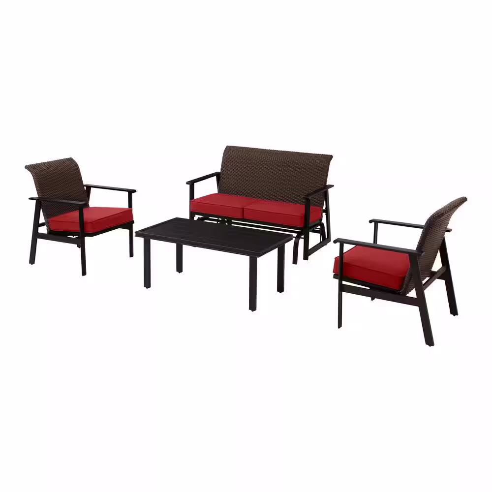 Hampton Bay Morgan Springs Brown 4-Piece Woven Outdoor Padded Wicker Deep Seating Set with CushionGuard Chili Red Cushions