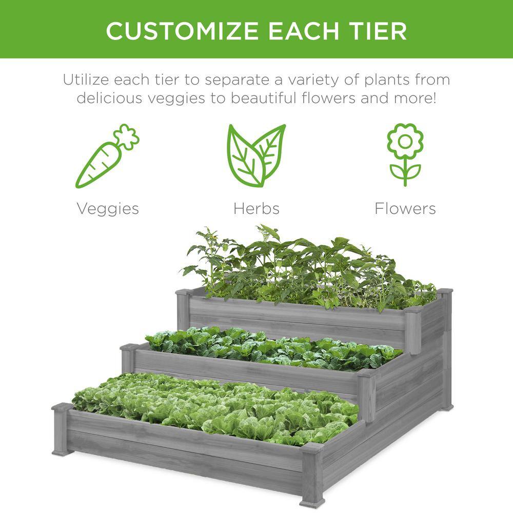 Best Choice Products 4 ft. x 4 ft. 3-Tier Wooden Raised Garden Bed Planter Kit for Plants, Vegetables, Outdoor Gardening - Gray
