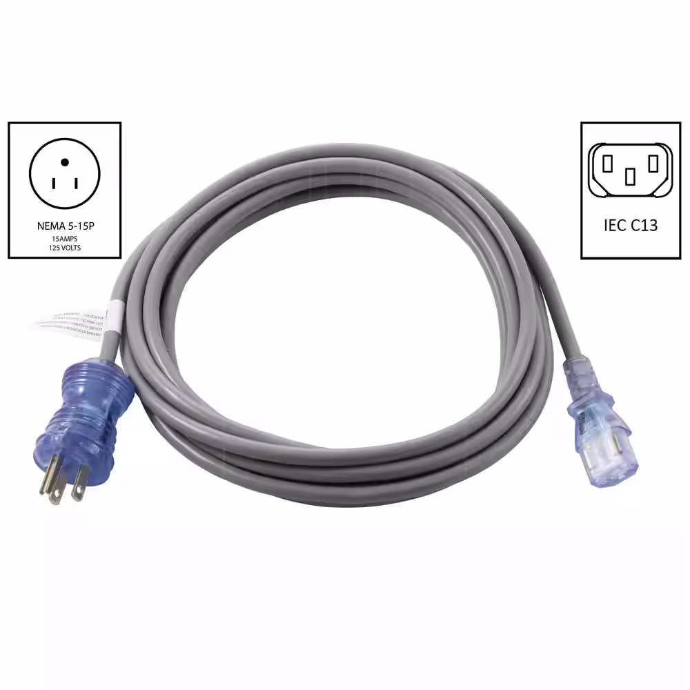 AC WORKS 15 ft. 13 Amp 16/3 Medical Grade Gray Power Cord with IEC C13 Connector