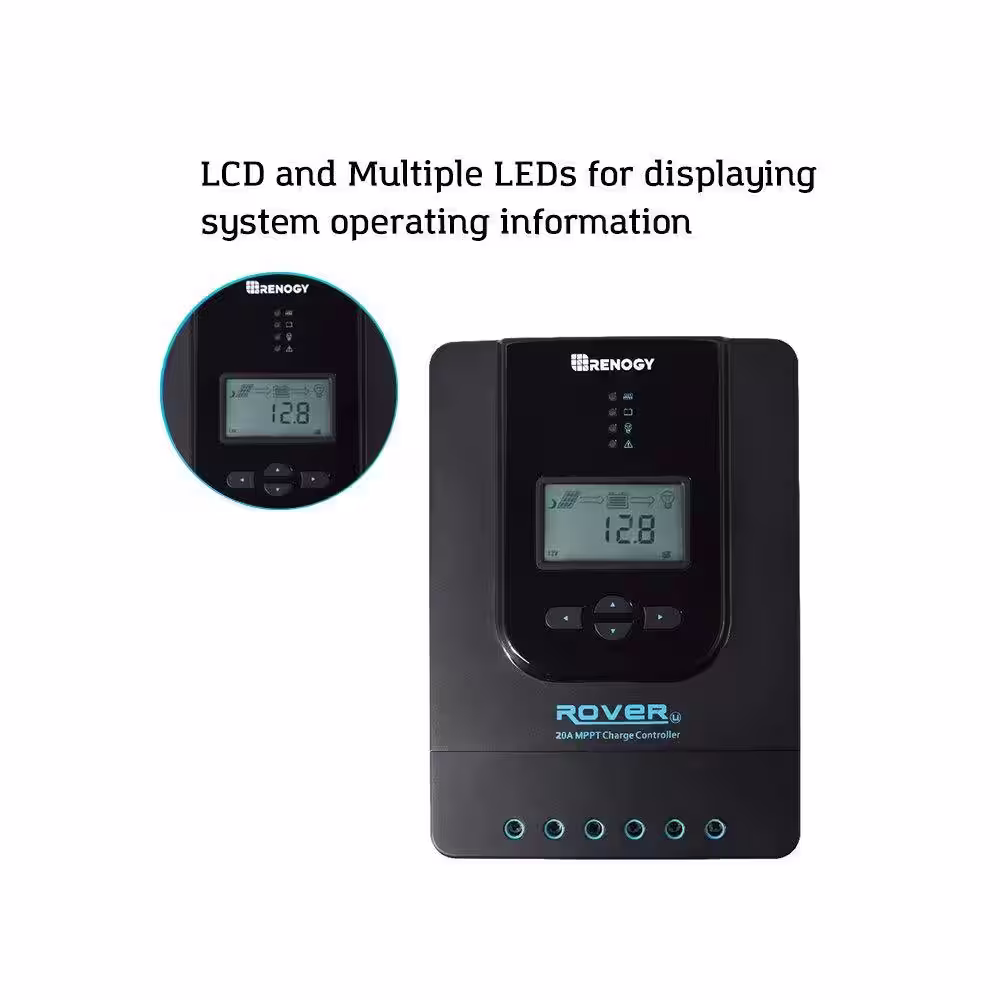 Renogy Rover 20 Amp 12V/24V DC Input MPPT Solar Charge Controller Auto Parameter Adjustable LCD Display