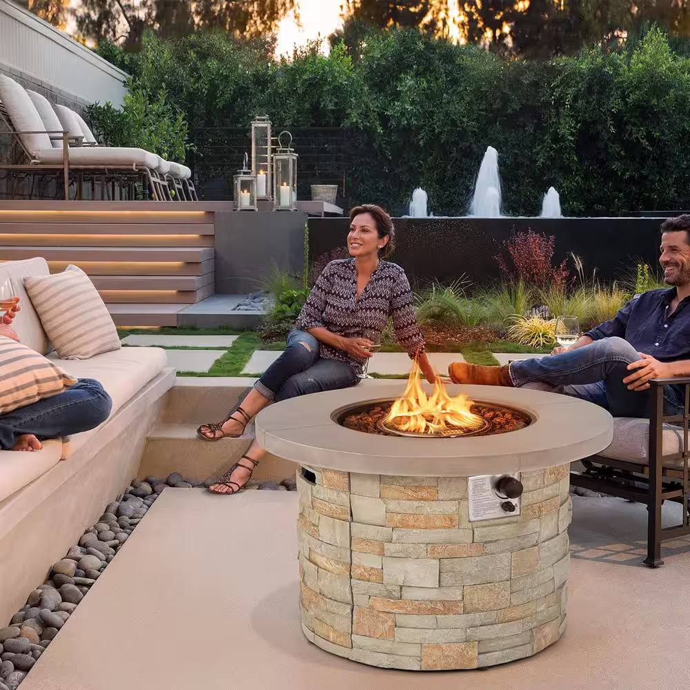 Costway 36 in. Round Propane Gas Fire Pit Table Faux Stone w/Lava Rock PVC cover
