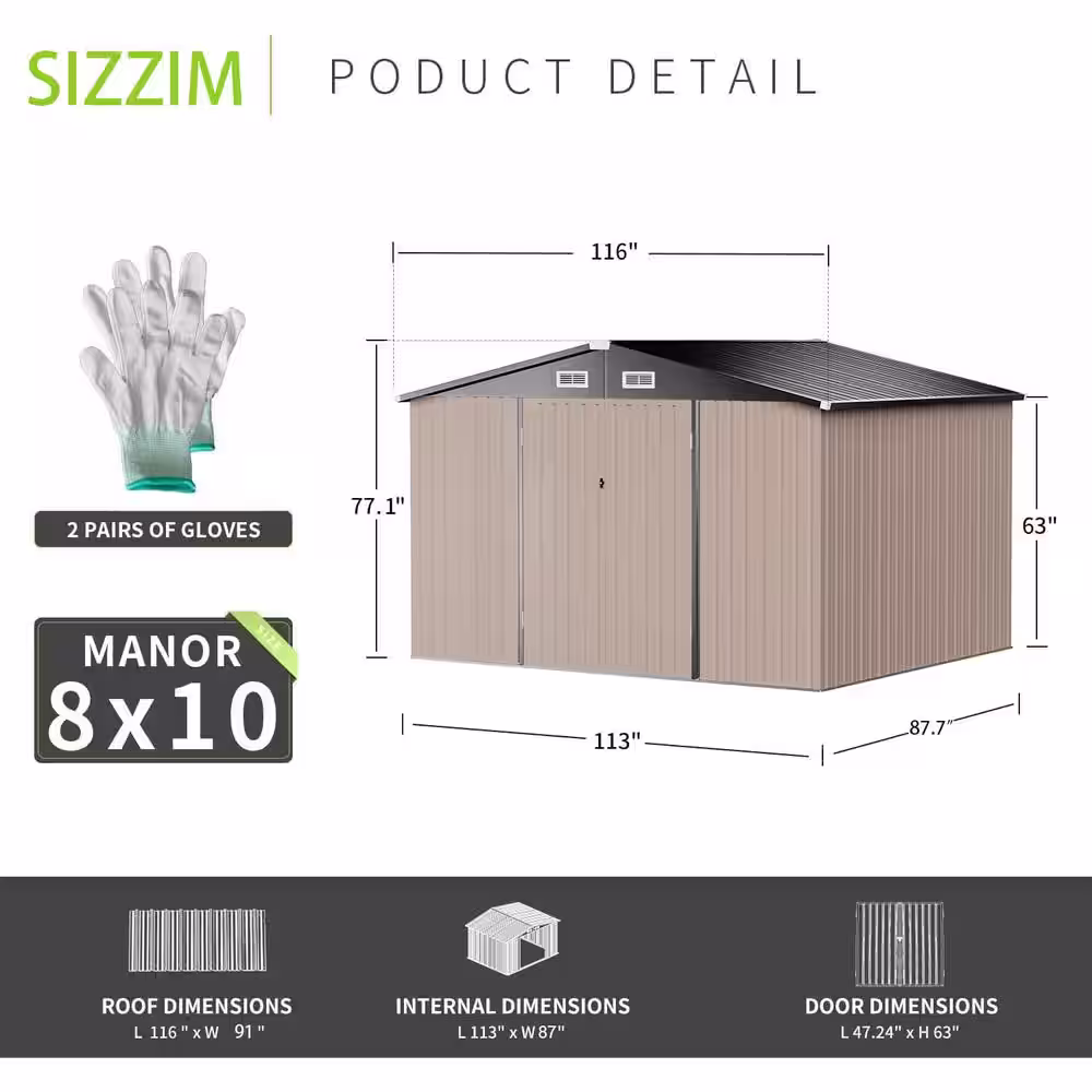 None 8 ft. W x 10 ft. D Outdoor Metal Shed with Vents and Lockable Doors 80 sq. ft.