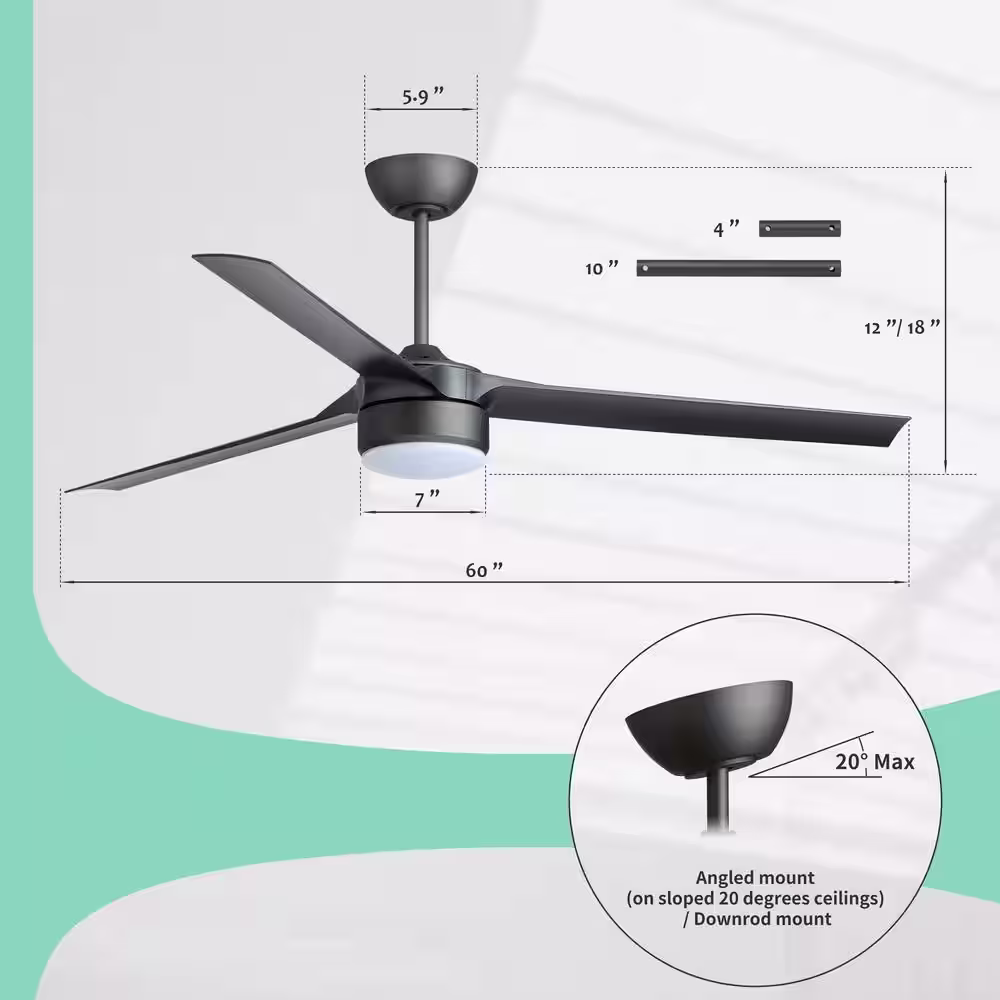 Modland Light Pro 60 in. LED Indoor Jet Black Smart Ceiling Fan with Remote Control and DC Motor