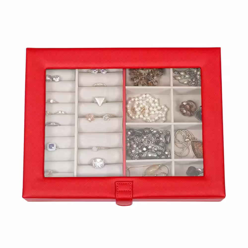 Mele & Co Crystal Glass Top Fashion Jewelry Box in Textured Red Faux Leather
