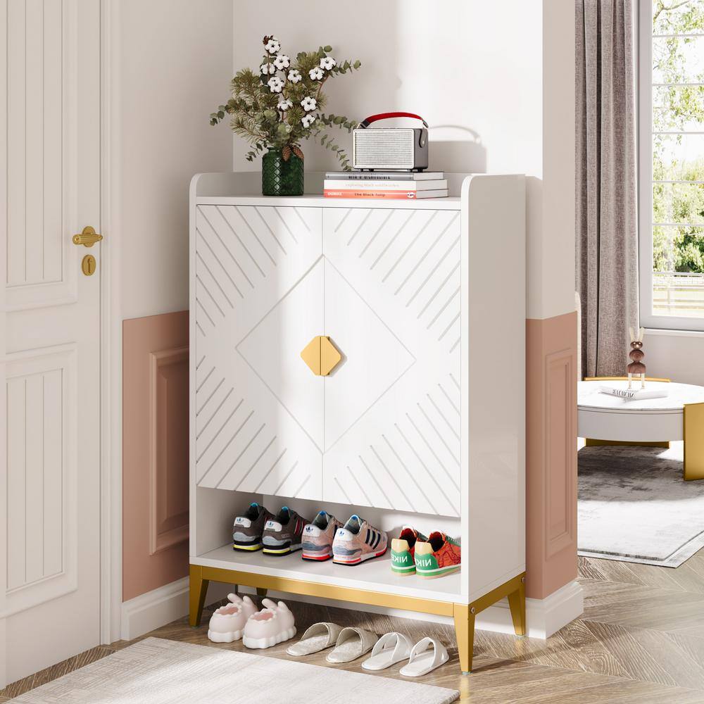 None Sabina 43.1 in. H x 29.1 in. W White Wood and Metal Shoe Storage Cabinet, 25-Pair Shoe Rack Organizer