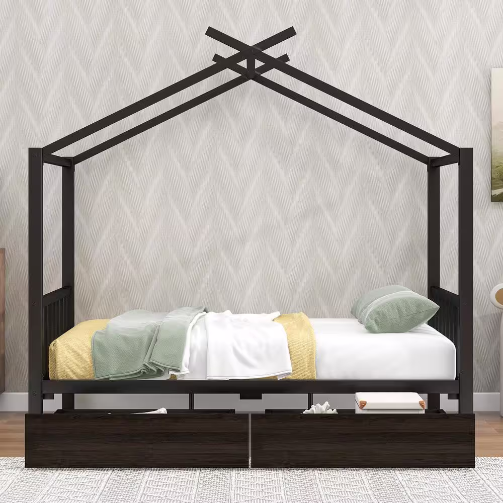 None Full Size House Bed for Kids, Metal Full Platform Bed Frame with 2-Storage Drawers and Roof for Girls and Boys, Black