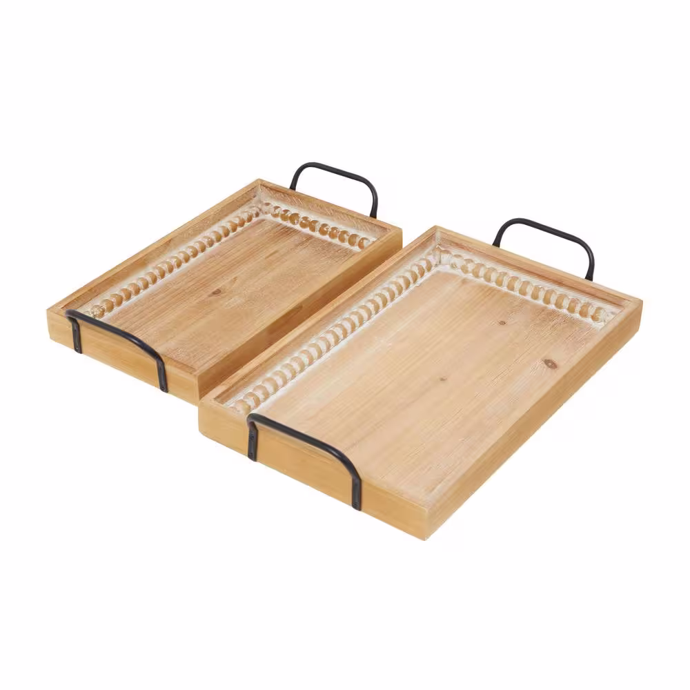 Litton Lane Brown Wood Carved Beaded Decorative Tray with Metal Handles (Set of 2)