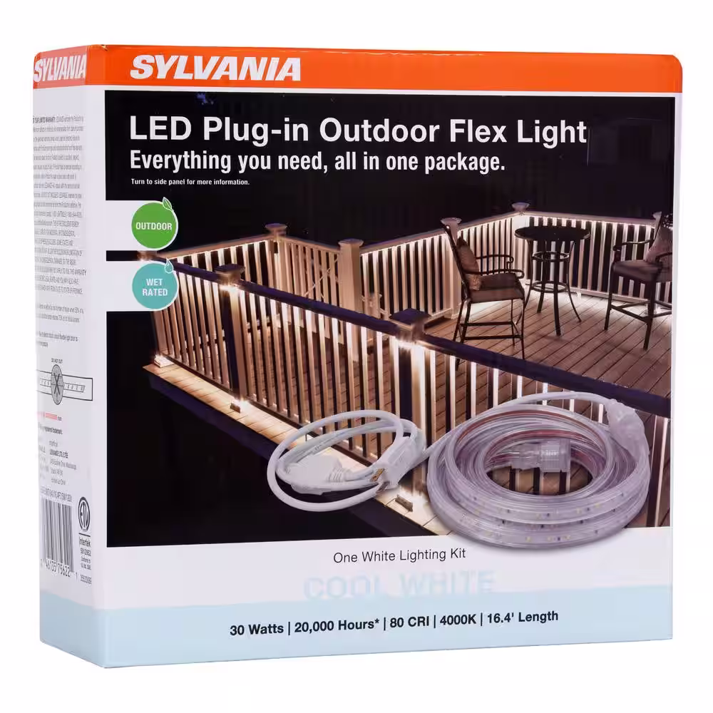 Sylvania 16.4 ft. 30-Watt Plug-In Outdoor Flex LED Landscape Lighting Set Deck Rail Light Bright White 4000K, White
