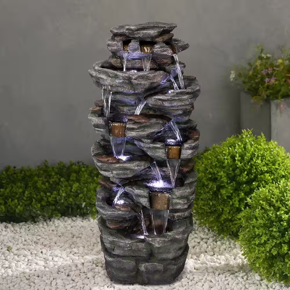 Watnature 47.2 in. Resin Large Outdoor Water Fountain for Patio Garden Lawn House and Office Decor 9-Tier Outdoor Garden Fountain
