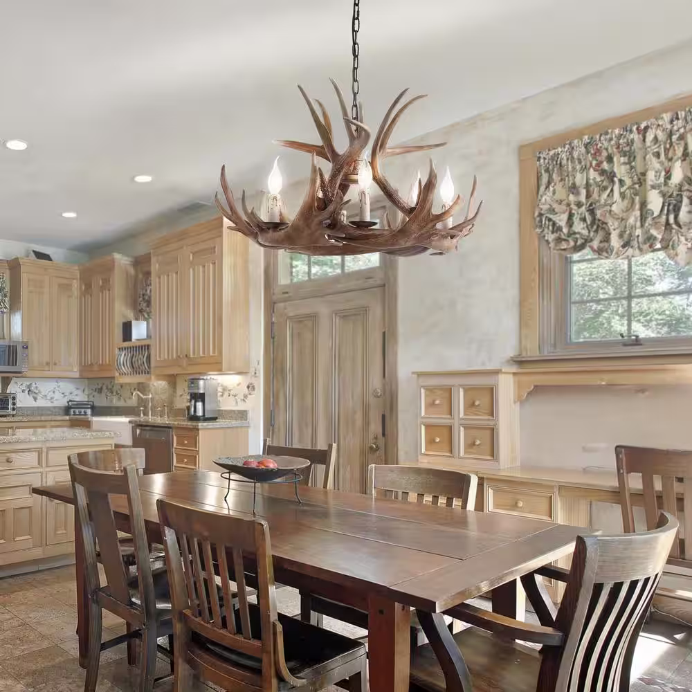 JONATHAN Y Eldora 28.5 in. 6-Light Adjustable Resin Antler 6-Light Brown Chandelier