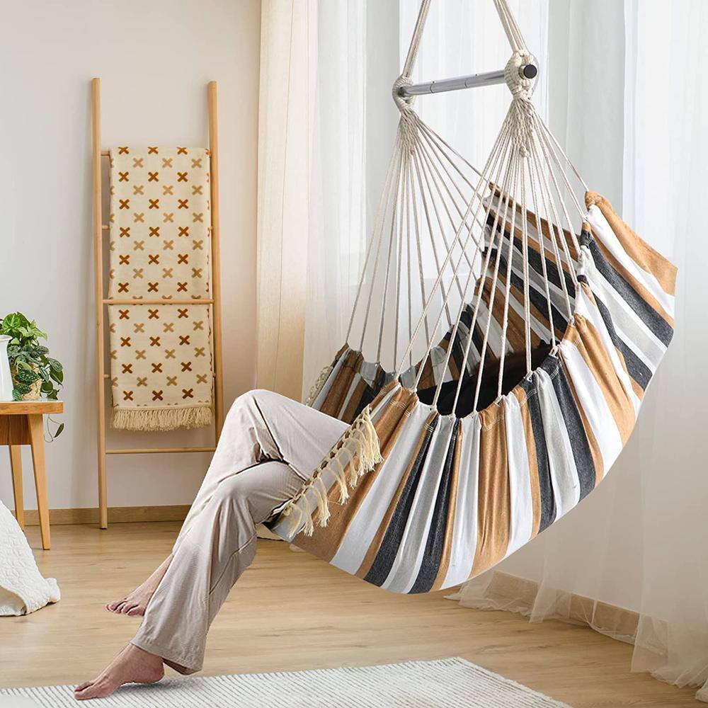 None Hammock Chair Hanging Seat 2-Pillows Included, Durable Stainless Steel Spreader Bar Portable Hanging Chair, Brown