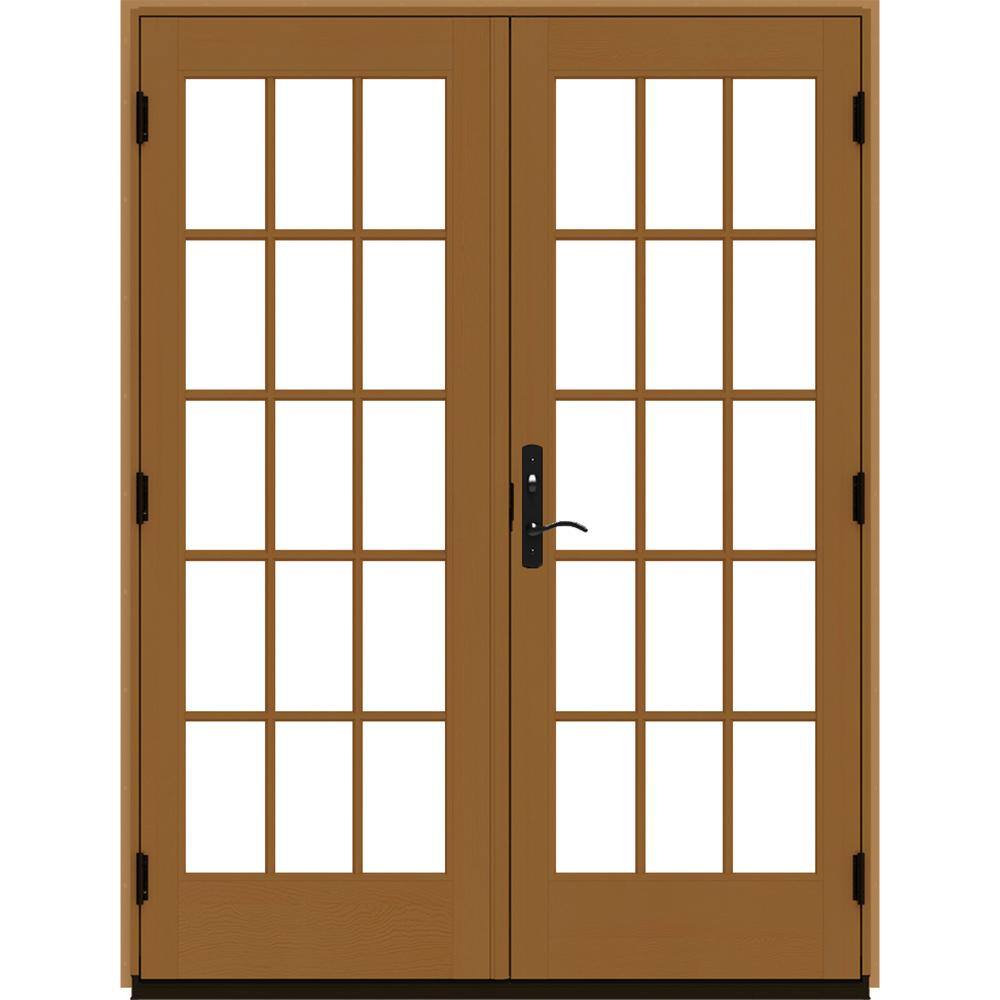 JELD-WEN W5500 60x80 Right-Hand/Inswing Low-E Chestnut Bronze Clad Wood Double Prehung Patio Door w/ Fruitwood Interior