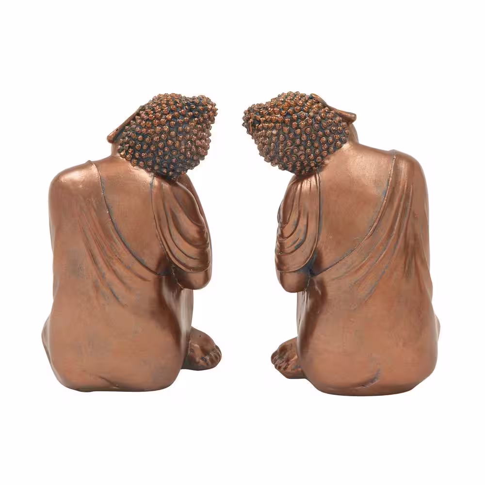 Litton Lane Bronze Polystone Meditating Buddha Sculpture with Engraved Carvings and Relief Detailing (Set of 2)