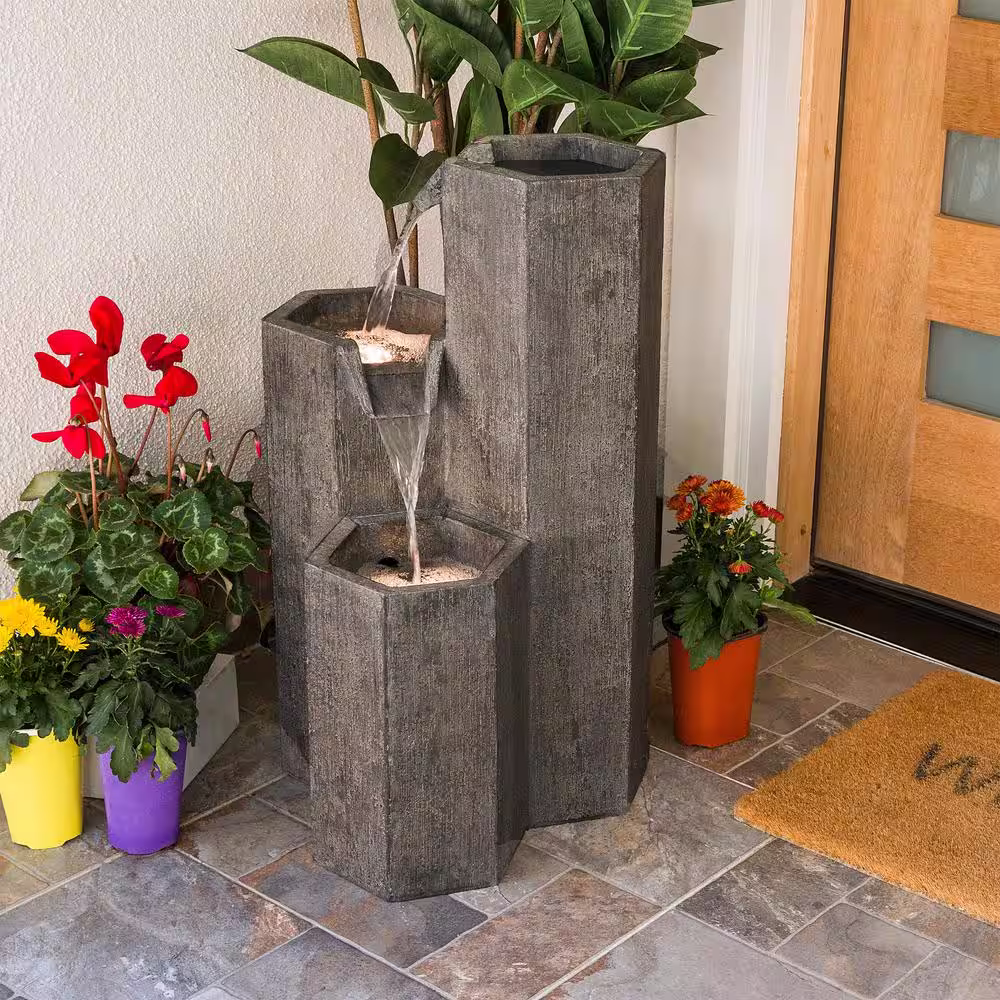 Alpine Corporation 25 in. Tall Indoor/Outdoor 3-Tier Hexagonal Columns Fountain with LED Lights