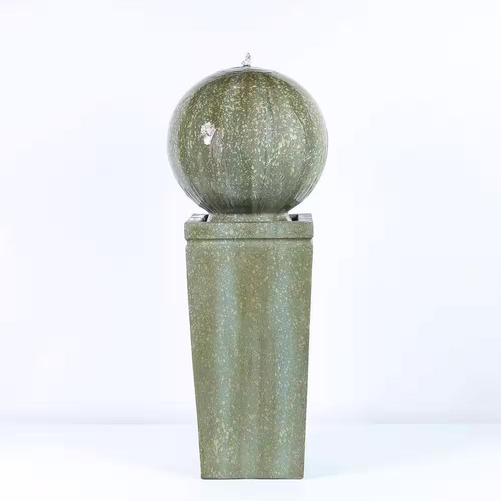 LuxenHome 34.5 in. H Stone and Patina Sphere on Pillar Cascade Fountain