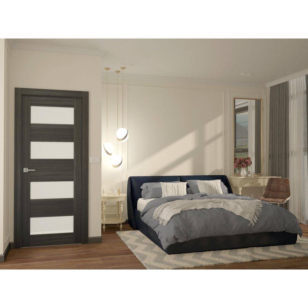 Belldinni Della 36 in. x 79.375 in. No Bore 4-Lite Solid Core Frosted Glass Gray Oak Finished Wood Composite Interior Door Slab