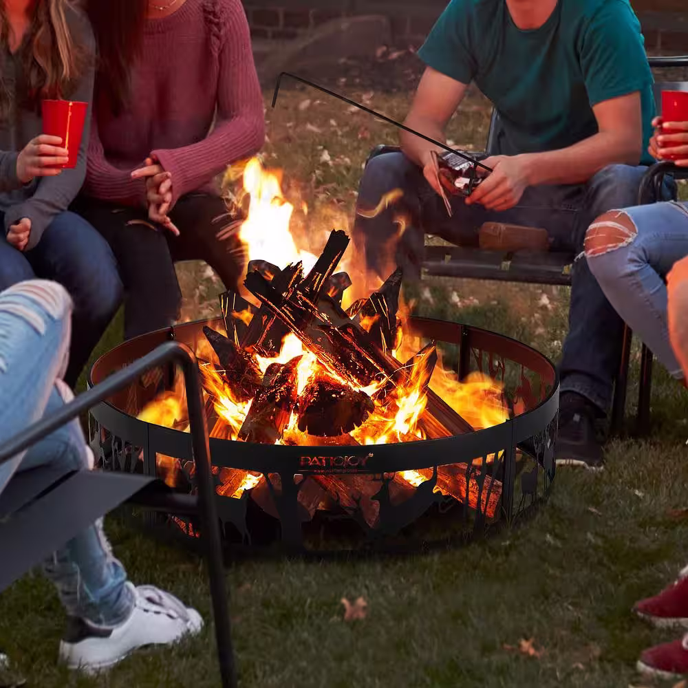 Costway 36 in. x 9 in. Round Metal Fire Pit Black Ring Deer with Extra Poker Bonfire Liner for Campfire