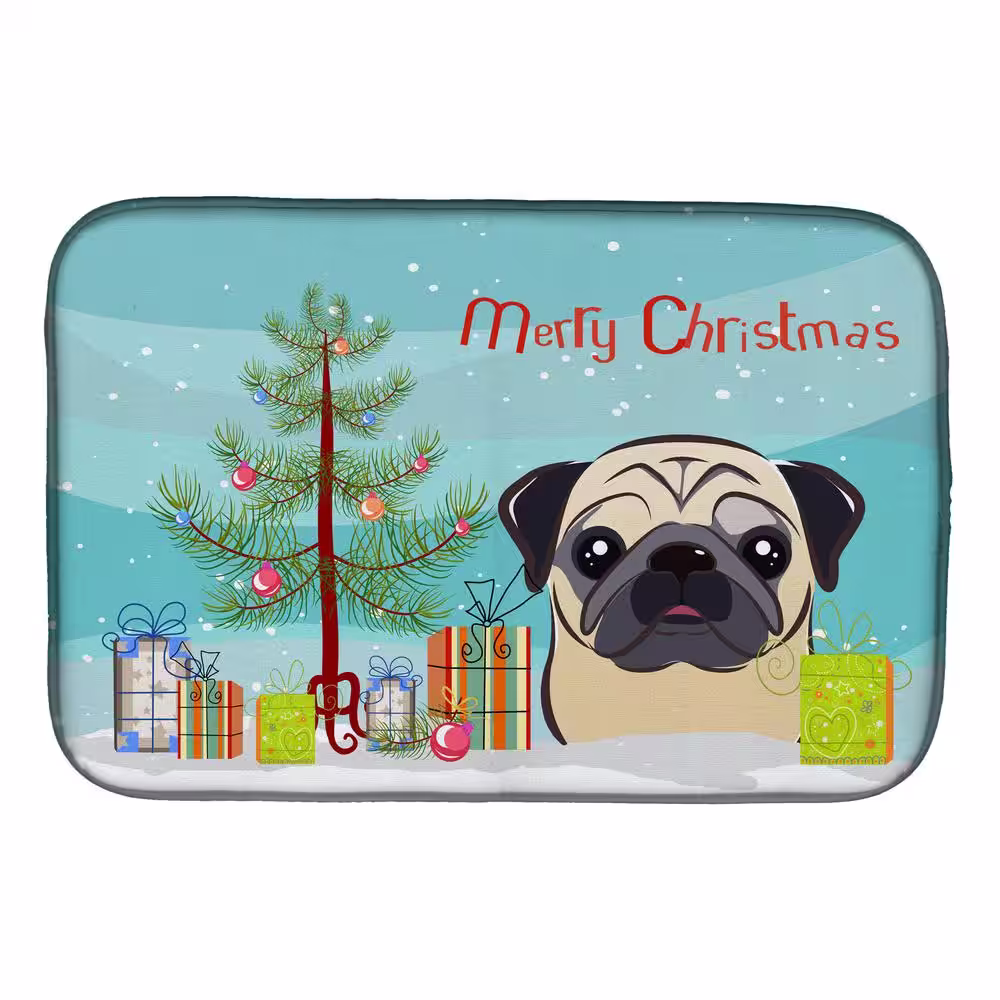 Caroline's Treasures 14 in. x 21 in. Multicolor Christmas Tree and Fawn Pug Dish Drying Mat